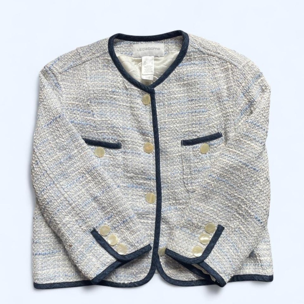Liz Claiborne denim trim blue tweed lined jacket with pearl buttons Size L